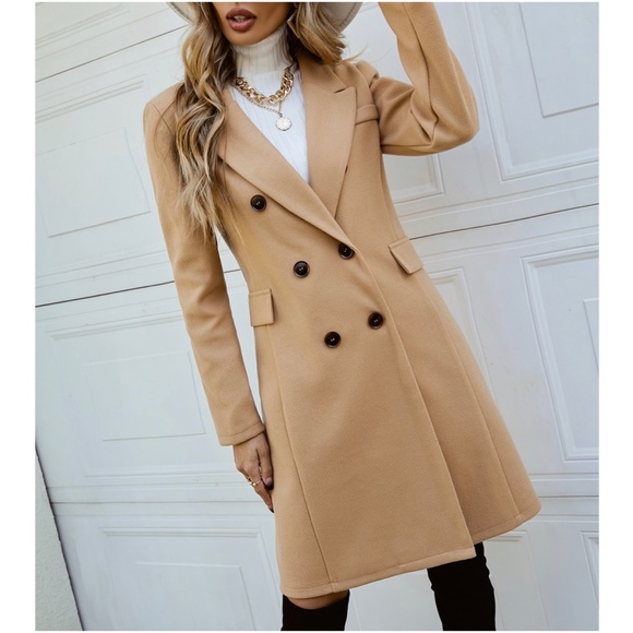 Cozy Camel Tan Button up Double Breast Pea coat Jacket - Picture 2 of 9